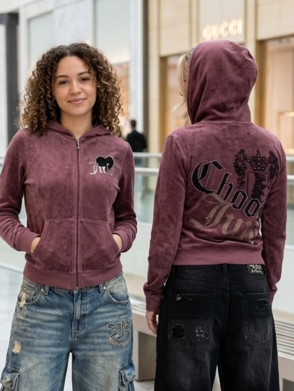 Juicy Couture💋Y2K Rhinstone Embelished Plum Velour Zip-Up Hoodie Fits Sz M